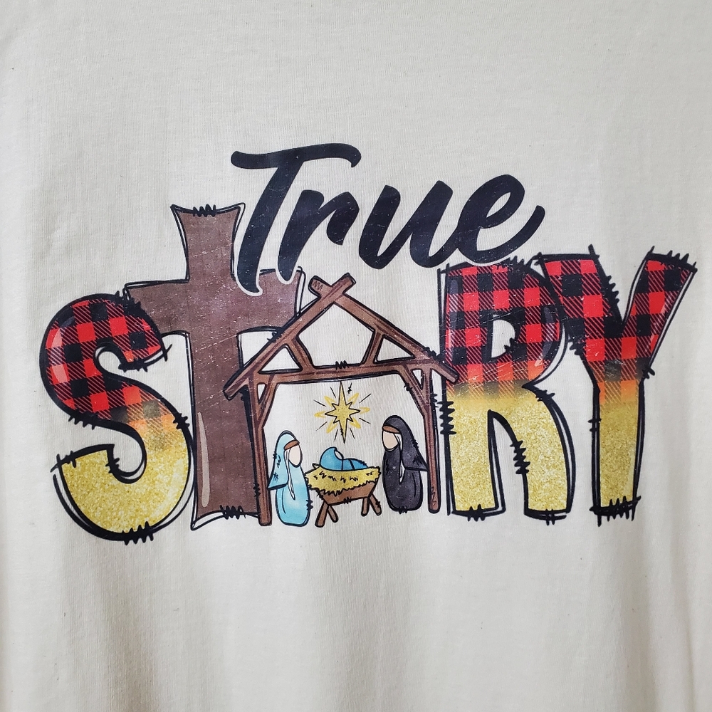Women Christmas T-Shirt Navitity Scene Cream Short Sleeve Medium